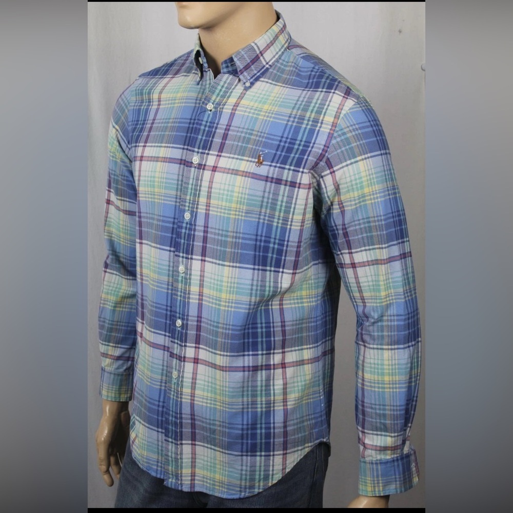 Ralph Lauren Plaid Button Down Shirt L Blue Green Cotton Classic